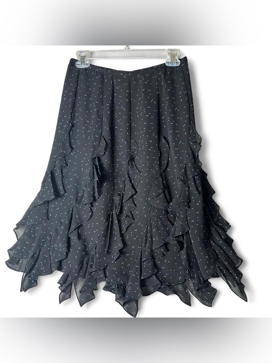 Kay Unger Dresses & Skirts - Vintage Kay Unger Black Ruffle Midi Skirt  With Blue Polka Dot Print